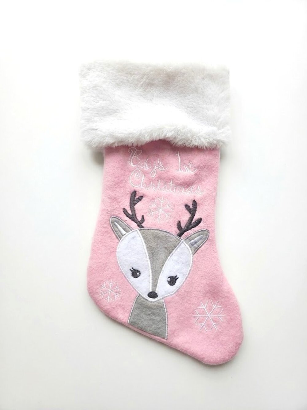 Pink “Baby’s 1st Christmas”  Reindeer Christmas Stocking